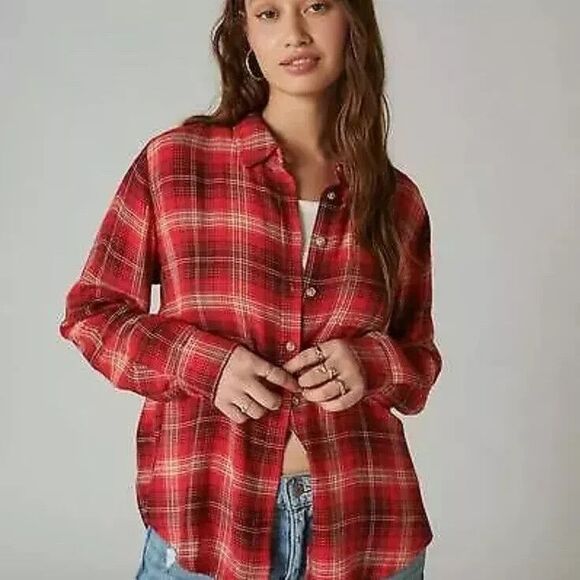 Lucky Brand Women's Cloud Soft Plaid Relaxed Boyfriend Button down Shirt Red XS - Picture 1 of 9